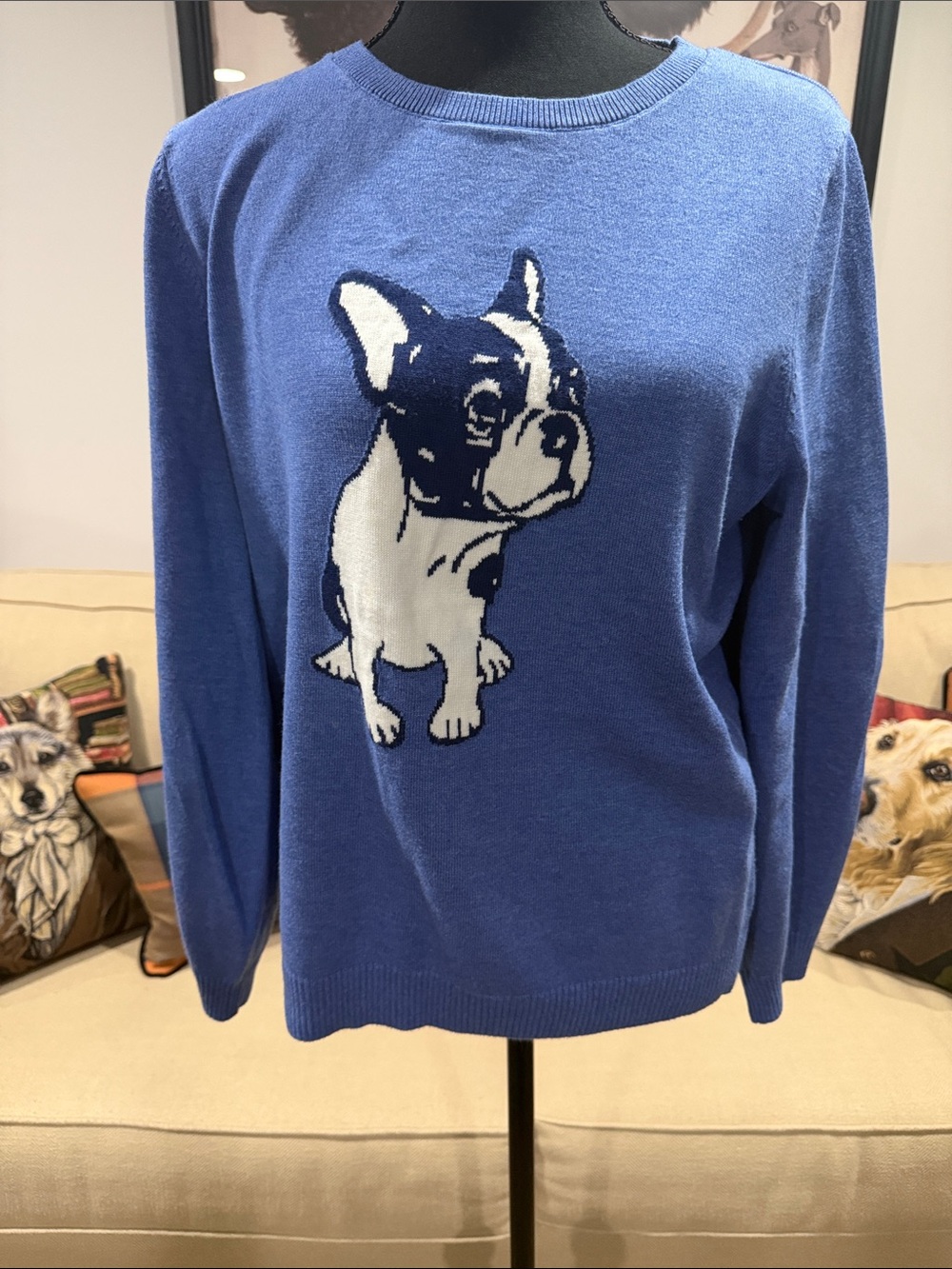 Talbots blue French bulldog pullover knit sweater excellent condition size XL